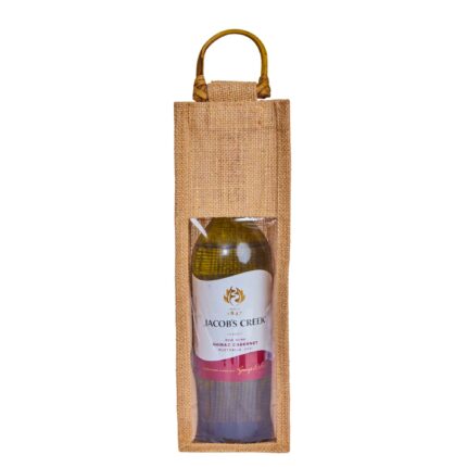 Laminated Jute Single-Bottle Wine Bag with Cane Handles & PVC Window